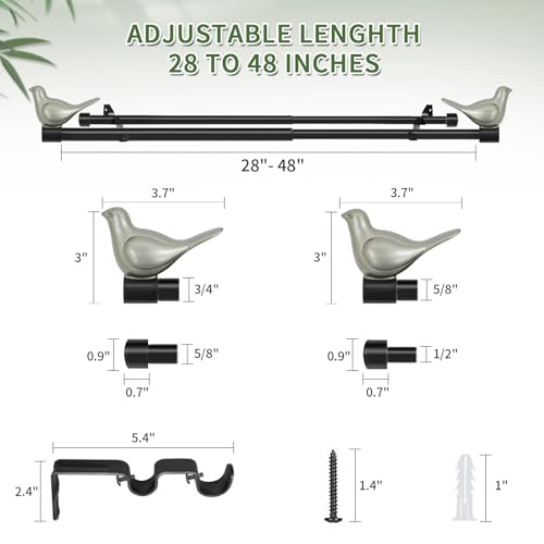 3/4" Diameter Farmhouse Double Window Treatment Curtain Rod, Pewter Bird Finials (28"-48", Black Rod) - color: Black with Pewter Finial, size: 28"-48"