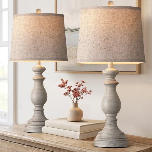 PARTPHONER Traditional Table Lamp Set of 2, Rustic Farmhouse Table Lamps for Living Room Bedroom, 27" Bedside Desk Lamps Vintage Nightstand Lamps with Linen Shades, Antique Grey - color: Antique Grey, size: 27 Inch