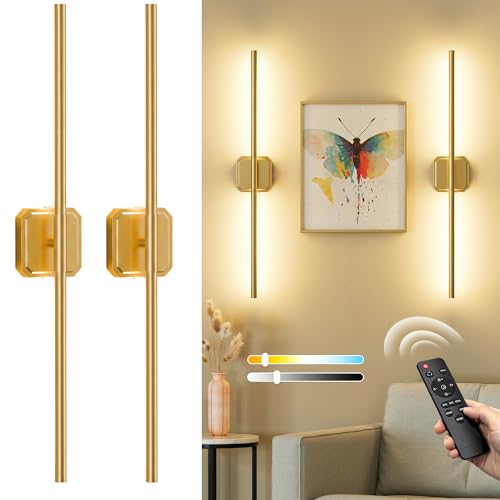 Battery Operated Wall Sconces Set of Two, Wireless Wall Lights Touch & Remote Control Rechargeable LED Wall Lamp 2700K-6000K Dimmable Lights for Living Room Bedroom Bathroom Hallway( 29 ", Gold) - color: Gold