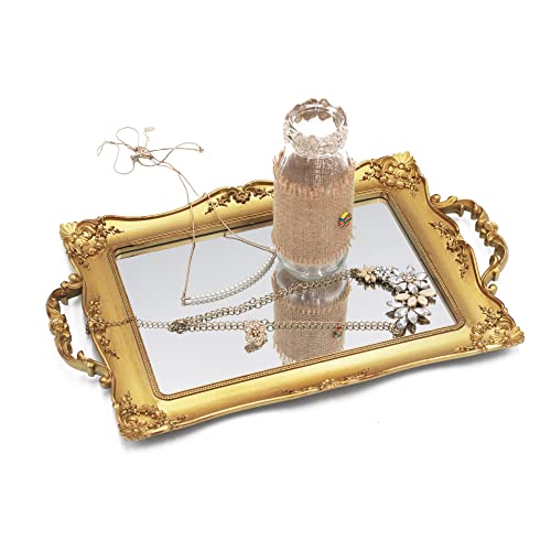 Tstarer Antique Decorative Pink Framed Square Mirror Tray (Golden) - color: Golden
