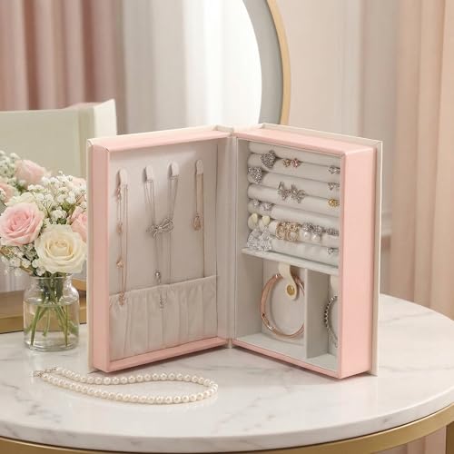 CASEGRACE Jewelry Box Organizer PU Leather Diary Jewelry Box with Magic Book Design Jewelry Case for Earrings Bracelet Necklace Rings Storage for Women, White - color: white 1