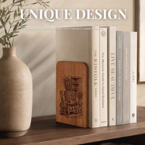 INNObeta Decorative Wooden Book Ends, Plant Bookends, Heavy Duty Bookends for Shelves Unique Design(1 Pair, 4.72x6.69 Inches) - PineappleReading - color: Pineapplereaading
