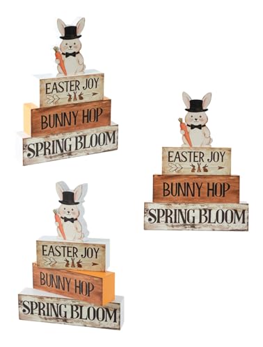 Spring Easter Dec Bunny Wooden Tabletop Decor with Easter Joy/Bunny Hop/Spring Bloom Signs, Spring Farmhouse Spring Table Decorations for Home Indoor, Green Purple Beige Wood Blocks Set of 4 - size: Easter Rabbits-B