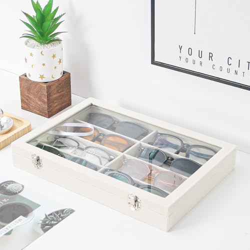 Coward Sunglass Organizer Tray Box, Beige Velvet Grids Eyeglasses Display Tray Case with Transparent Glass Lid for Home Use or Store Shop Selling Show - color: Beige Velvet, size: Sunglass Box