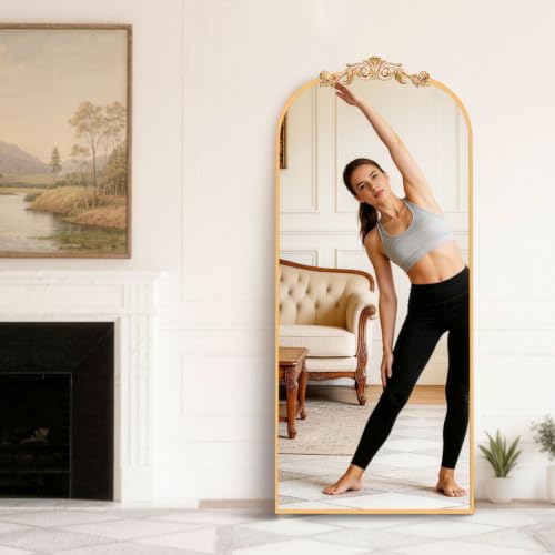 MISSDAY Vintage Baroque Full Length Mirror, 71"X32" Antique Large Arched Full Body Mirror Freestanding with French Carving Top, Full Metal Frame Stand Up Retro Mirrors for Bedroom Living Room, Gold - color: Gold, size: 71"L x 32"W