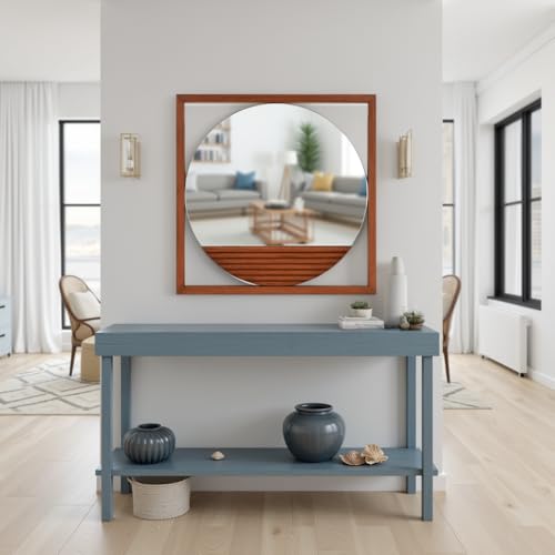 Howard Elliott Collection Dirken Hanging Round Wall Mirror, Modern Geometric Style Mirror with Square Wooden Frame and Brown Finish for Living Room, Entryway and Bathroom, 20 x 20 Inch