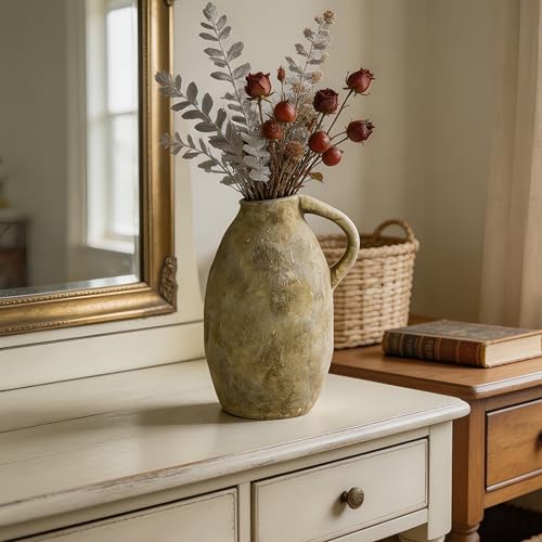 Rustic Ceramic Vase with Handle, 10.3 Inch, Farmhouse Decor, Beige - color: Beige