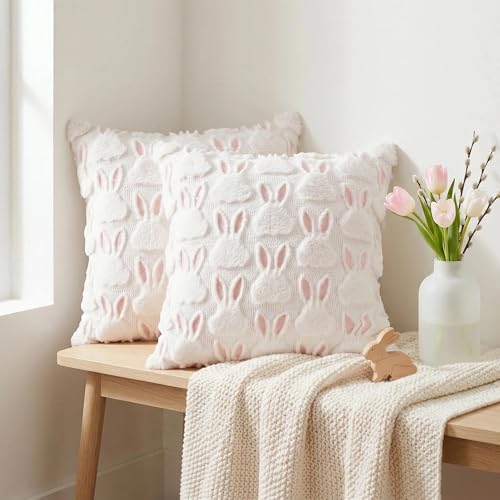 NAPEAL Easter Throw Pillow Covers 18x18 inch Velvet Embroidered Decorations Pink Rabbit Bunny Soft Plush Faux Fur Bedroom Sofa Holiday Festival Home Decor Baby Girl(Pink Bunnies,18" x 18" (Pack of 2)) - color: Pinkmultiple Bunnies, size: 18" x 18" (Pack o