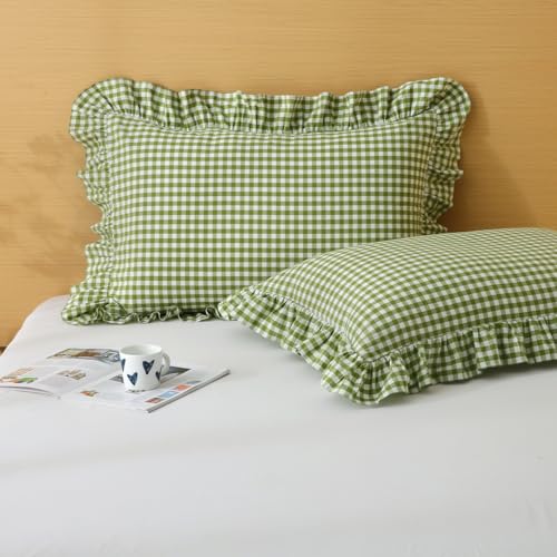 Silnuo Olive Green/White Gingham Ruffle Pillow Covers Queen Size 20"x30" - color: Green/White, size: Queen (20" x 30") - Set of 2