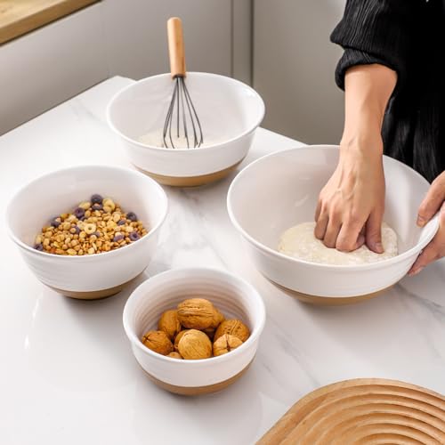 HASENSE Ceramic Serving Bowls Set of 4, 2.1/1.5/1.0/0.5 Qt White & Terracotta Stoneware Mixing Bowls, Farmhouse Bowls for Cooking, Prepping, Salad & Soup, Dishwasher & Microwave Safe, Serving Dishes - color: White, size: 84+65+40+20 oz