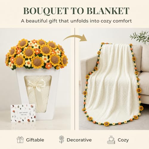 Sunflower & Puff Crochet Flower Bouquet Blanket, Knitted Throw Blanket - color: Sunflower & Puff, size: Large