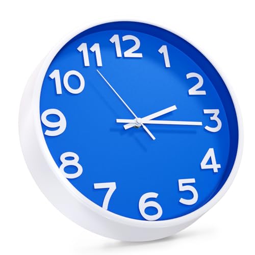 Wall Clock Silent Non-Ticking Battery Operated Indoor Analog Simple Style Modern Quartz Movement 3D Dial Easy to Read Decor for Home/Office/Living Room/Bedroom/Kitchen(Blue-White, 12 inch) - color: Blue-white