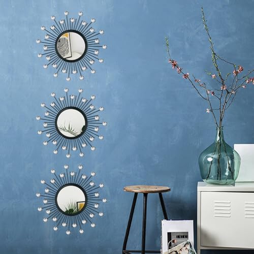 3 Pack Metal Mirror for Wall Sunburst Wall Mirror Black Crystal Home Accent - color: Black Crystal
