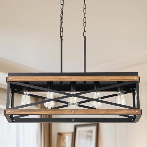 Rustic Farmhouse Plug in Kitchen Island Lighting, 5 Lights Rectangular Pendant Light Fixture with Adjustable Chain, Dimmable Switch, Oak Wood and Metal Linear Chandelier for Dining Room Home, Black - size: Large 5-Light Hanging Lamp