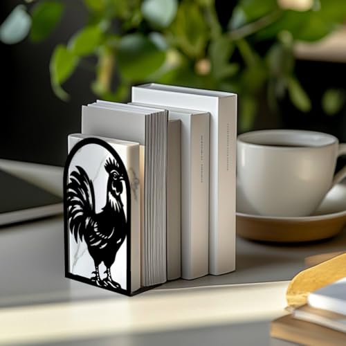 Peacoblue 5.3"x4.3"x7.9" Metal Bookends, Heavy Duty Book Ends for Shelves - style: Rooster