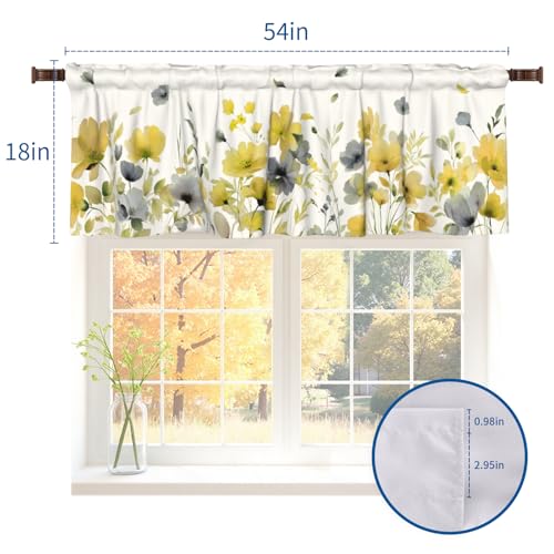 Giwawa Spring Floral Kitchen Valance, Watercolor Yellow Black Flower Short Curtains for Windows, Summer Floral Decoration Cafe Curtain, Thermal Insulated Room Darkening Short Curtain 54x18 Inch - color: Black Yellow Floral, size: 54"W x 18"L (Pack of 1)