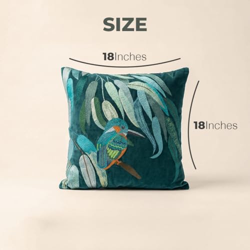 Dorii Embroidered Throw Pillow Covers 18x18, Cotton Velvet Decorative Pillow Cover, Bird & Botanical Cushion Cover with Hidden Zipper, Accent Pillow for Sofa, Couch, Bed & Living Room