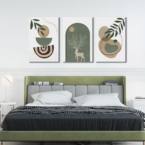 Boho Sun Canvas Wall Art Set of 3, Neutral Abstract Minimalismt Bohemian Geometric & Botanical Plants Pictures Prints Artwork Paintings Wall Decor for Bedroom Living Room Home Decoration 24x36 inches