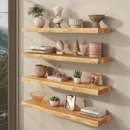 fuqing Live Edge Floating Shelves for Wall, 30 Inch Solid Elm Wood Shelves - color: Natural Elm Live Edge - 8"d, size: 30"L - 2Packs