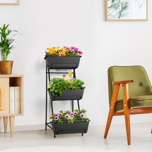 3 Tier Vertical Garden Planter Small Raised Garden Bed Freestanding Plastic Raised Planter Boxes Herb Planter Stand with Removable Tray for Indoor Outdoor Herbs Flowers Vegetables Plants Grey - color: Gray