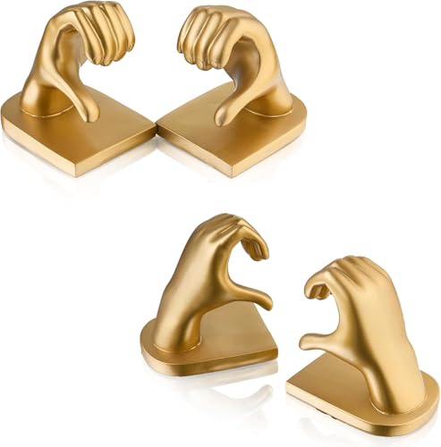 2Pcs Gold Heart Hands Book Ends, Non-Slip Heavy Duty Bookends for Shelves
