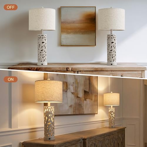 OYEARS 2-in-1 Light Table Lamp Set of 2 for Living Room, 28.5" Farmhouse Bedside Lamps with USB Charging Port, Main&Night Light & Dual Switches, Nightstand Lamp for Bedroom Home Office(Bulb Included) - color: Retro Grey