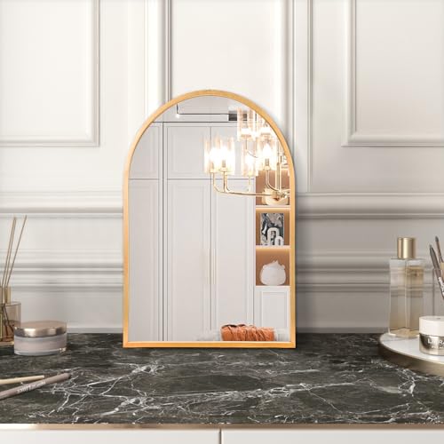 Wall Mirror Arched Bathroom Mirrors, Aluminum Alloy Frame Hanging Vanity Mirror for Living Room Bedroom Entryway Vanity, Brushed Metal Framed Wall Mounted Mirror Gold 16"x12" - color: Gold, size: 16"L x 12"W