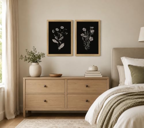 2Pcs Framed Canvas Botanical Wall Art Black Floral Print 12x16 Inch - color: Blackened flowers, size: 16"L x 12"W