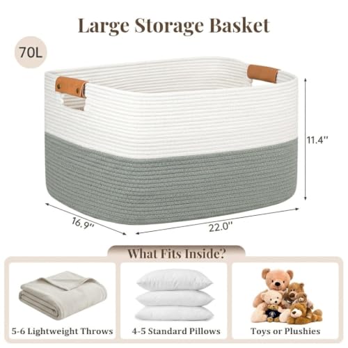 Danpinera 70L Large Woven Blanket Basket for Living Room White & Sage Green - color: White & Green, size: 72L