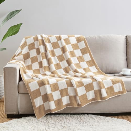 CozeCube Beige White Reversible Checkered Knit Throw Blanket 50"x60" - color: Khaki Tan, size: 50"x60"