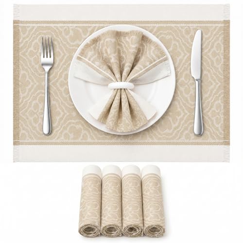 Placemats Set of 6, 13.8 x 17.7 Inch, Polyester, Jacquard Woven - color: Polyester-13.8 X 17.7inch-light Beige