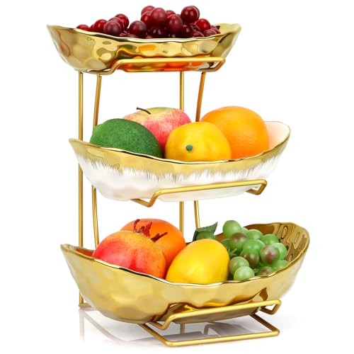 Fruit Bowl for Kitchen Counter, 3 Tier Gold Trim Ceramic Fruit Stand Basket for Countertop, Fruiti and Vegetable Rack with Thickened Metal Holder, Vegetable Dessert Nuts Storage (Gold) - color: Gold