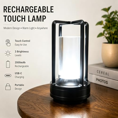 Rechargeable Crystal Table Lamp, 3-Color Touch LED, Black - color: Black