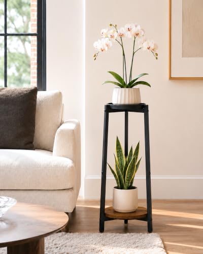 Bamworld Tall Plant Stand 30 Inch 2 Tier Metal Plant Stand with Wood Shelf - color: Brown, size: 2 Tier