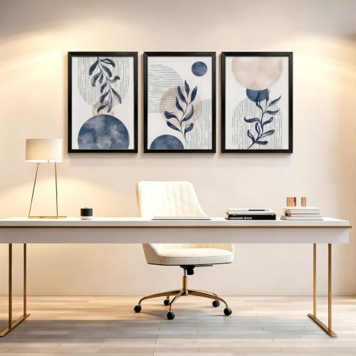 HCJWCXD Boho Navy blue plant Wall Art Canvas Prints, Set of 3, 16x24 in - color: Black Framed Navy Blue, size: 16x24 Inches