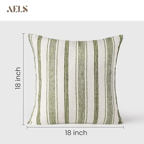 AELS 18x18 Decorative Farmhouse Linen Throw Pillow Covers, Beige with Olive Green Chenille Striped Pillow Case, Set of 2, Boho Textured Cushion Cover for Sofa Couch Living Room (Cover ONLY) - color: Beige With Olive Green, size: 18" x 18" (Pack of 2)
