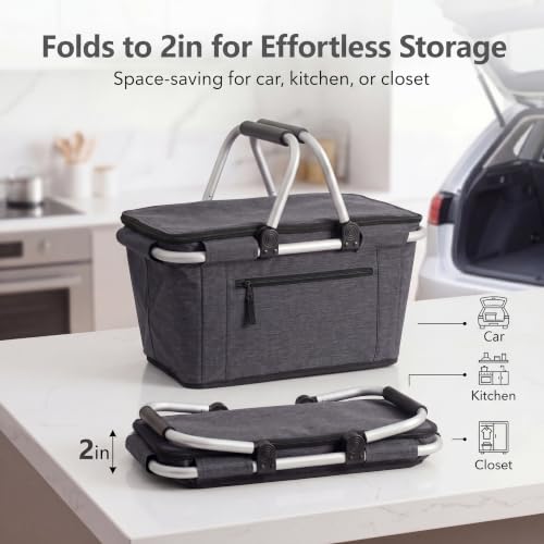 Picnic Basket, SIYUAN Collapsible Shopping Basketwith Lid 27L Large Market Basket with HandlesReusable Folding Grocery Basket Insulated CoolerBag for Picnic Travel, Black - color: Black