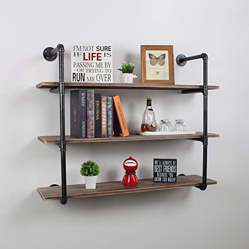 MBQQ Industrial Pipe Shelving Wall Mounted,48in Rustic Metal Floating Shelves,Steampunk Real Wood Book Shelves,Wall Shelf Unit Bookshelf Hanging Wall Shelves,Farmhouse Kitchen Bar Shelving(3 Tier) - color: 3-layer, size: 48in