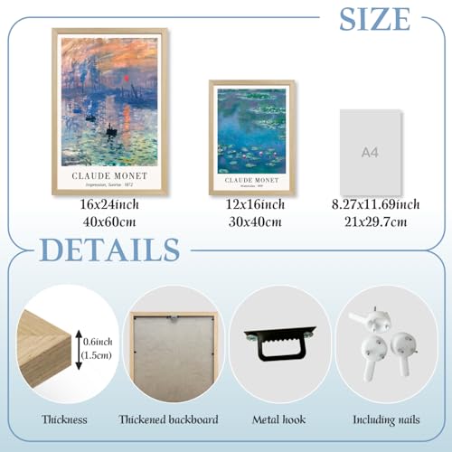 LLEEMPI Claude Monet Water Lilies Wall Art Set of 3, 12x16 Framed Prints - color: MonetWaterLily(Wood), size: 16"L x 12"W