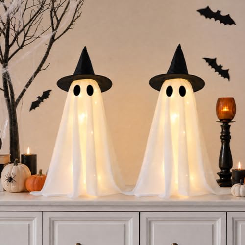 Halloween Decorations-Set of 2 Light-Up Ghosts with Witch Hats