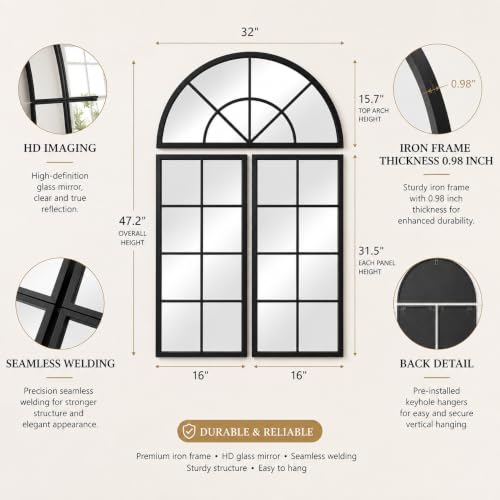 Large Black Arched Window Mirror, 32 x 47.2 in, 3-Piece Set - color: Matte Black, size: 32"L x 47"W