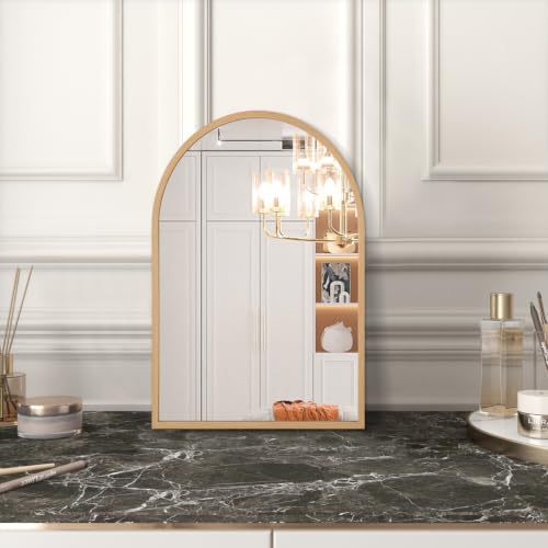 Arched Bathroom Wall Mirror Aluminum Alloy Frame Hanging Vanity Mirror for Living Room Bedroom Entryway Vanity, Brushed Metal Framed Wall Mounted 16"x12" - color: Wood Grain, size: 16"L x 12"W
