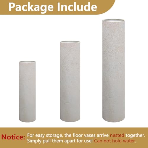 Distressed Off-White Tall Floor Vase - Set of 3 Pottery Look Metal Vases