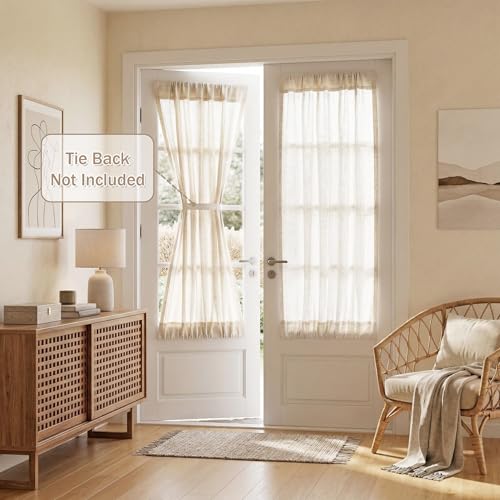 MYSKY HOME Linen French Door Curtains for Door Window 40 Inch Length 2 Panels Short Semi Sheer Light Filtering Curtain for Glass Small Window Drapes Rod Pocket for Bedroom Bathroom, Linen, 26" Wide - color: Linen, size: 26"W x 40"L (Pack of 2)