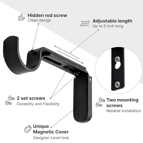 Adjustable Curtain Rod Brackets for Wall 5 inch, Heavy Duty, 3 Pack, Black - color: Black - Set of 3