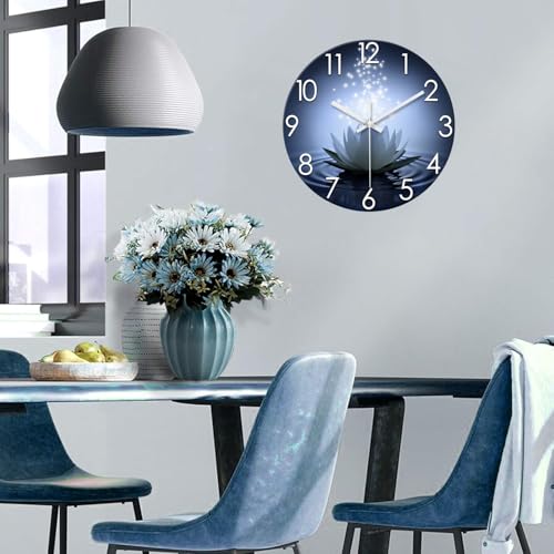 XFM White Lotus Glass Wall Clock 14 Inch Blue Zen Flowers - color: White Lotus, size: 14 Inch