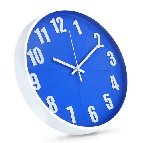 Wall Clock Modern Battery Operated Silent Non-Ticking Round Wall Clocks Simple Style Quartz Movement 3D Stereoscopic Dial Analog Decor Clock for Office/School/Living Room(Blue-White, 12 inch) - color: Blue-white