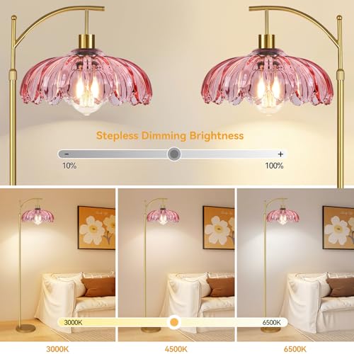 QIYIZM Pink Floor Lamp for Living Room,Bedroom,Gold Dimmable Standing Lamp with Remote,Mid Century Modern Brass Tall Lamp Boho Floor Lamps Arc Stained Glass Flower Floor Light Lamp Girls kids Bohemian - size: Floor Lamp--4