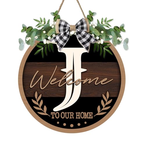 Monogram Letter J Front Door Sign, Welcome to Our Home Family Last - color: J