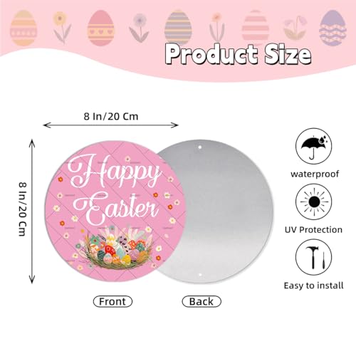 EMOHAT Happy Easter Round Metal Tin Sign with Cute Easter Egg, 8x8 Inch Wreath Style Wall Decor, Spring Front Door Hanging Sign for Porch Indoor Home - color: Happy Easter, size: 8x8 Inch